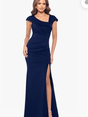 NWT Xscape Navy Off Shoulder Ruched Evening Gown Plus Size 22W Formal Dress